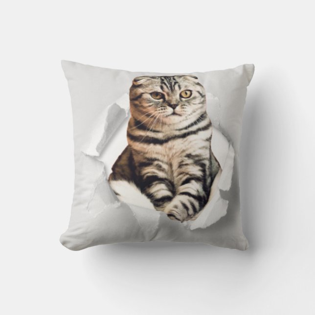 Funny Grey Cat Popping thru Torn Paper Illusion Throw Pillow (Front)
