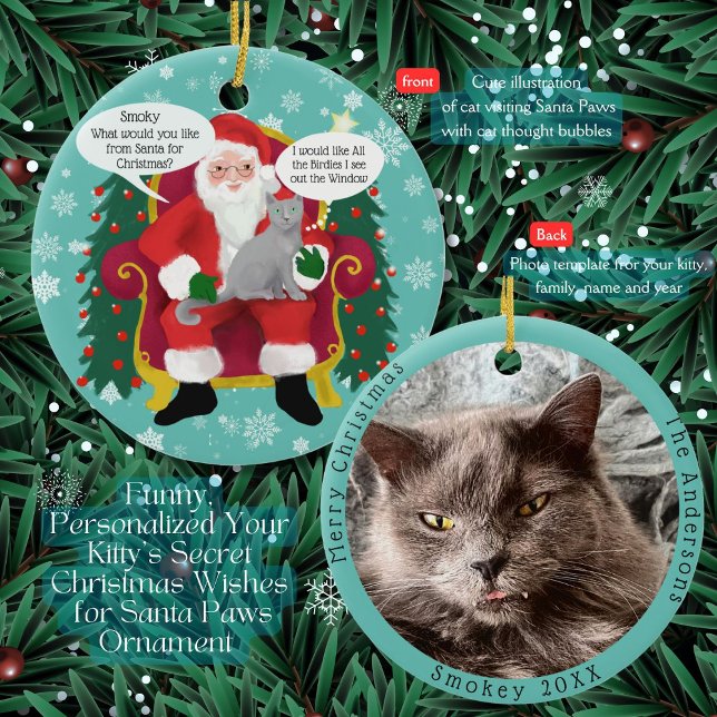 Funny Grey Cat Visits Santa with Hilarious Wish Ceramic Ornament (A Gray Cat tells Santa Paws she wants ? for Christmas? Add her special wishes and picture)