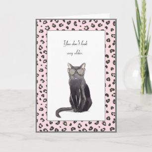 Funny Grey Cat with Leopard Print Glasses Birthday Card