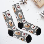 Funny Grey Custom 2 Pet Photo Paw Print Socks<br><div class="desc">A softer take on the pet photo sock, this grey version features two of your favourite pet photos in round frames with white paw prints scattered across a neutral grey background. Upload photos of your dog or cat to create a fun and wearable keepsake. A great gift for the pet...</div>