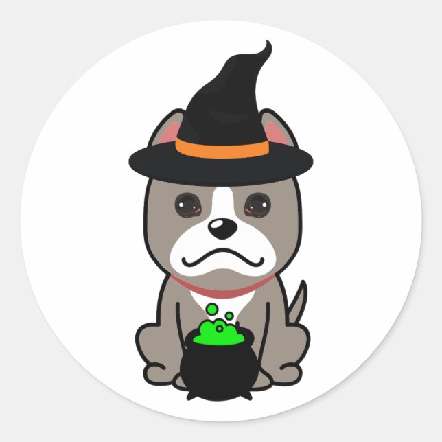 Funny grey dog is a witch classic round sticker (Front)
