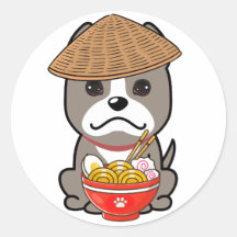 Funny grey dog is eating noodles