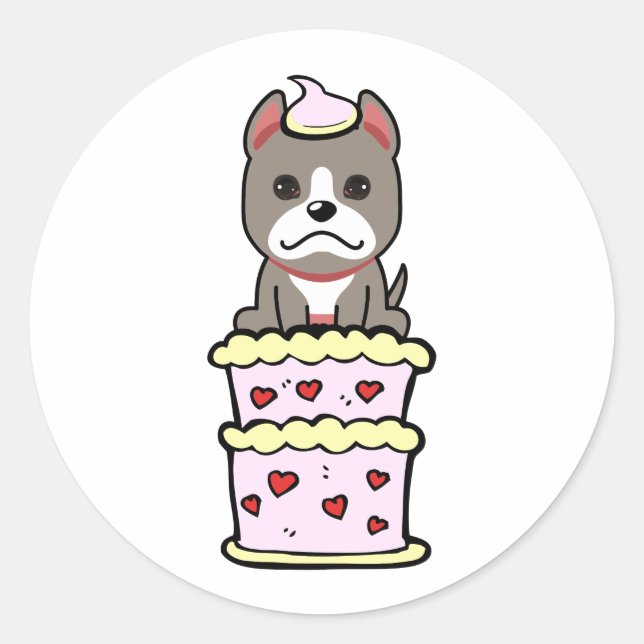 Funny grey dog jumping out of a cake classic round sticker (Front)