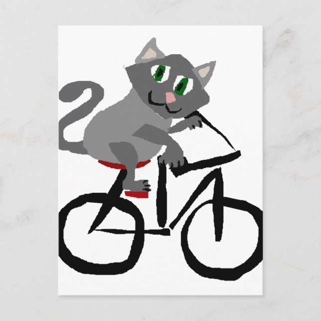 Funny Grey Kitty Cat Riding Bicycle Postcard (Front)