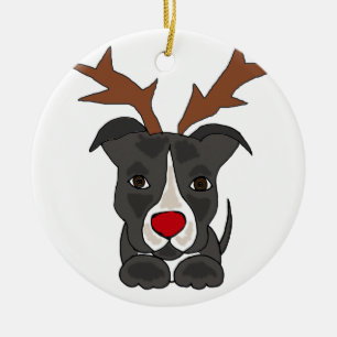 Funny Grey Pitbull Dog as Christmas Reindeer Ceramic Ornament