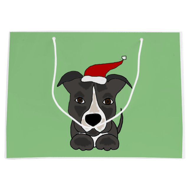 Funny Grey Pitbull in Santa Hat Christmas Art Large Gift Bag (Front)