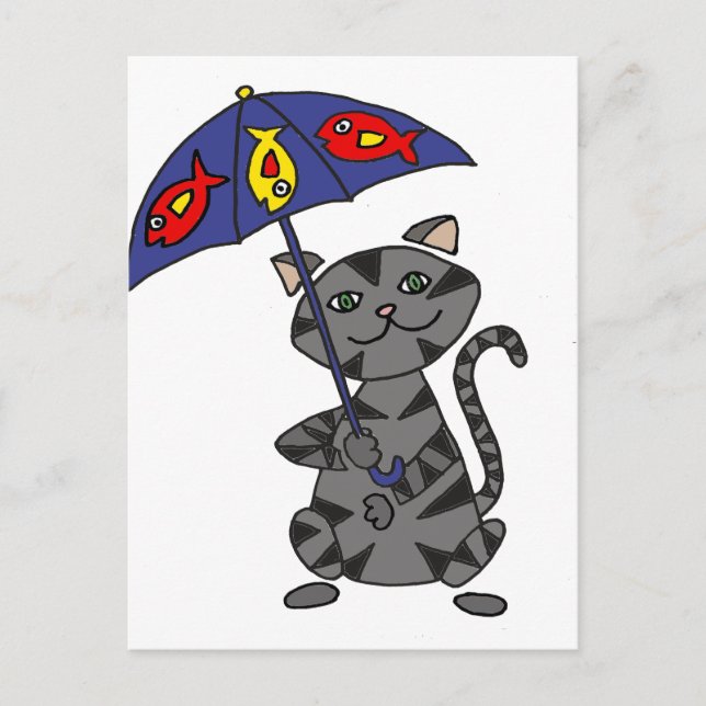 Funny Grey Tabby Cat Holding Umbrella Postcard (Front)
