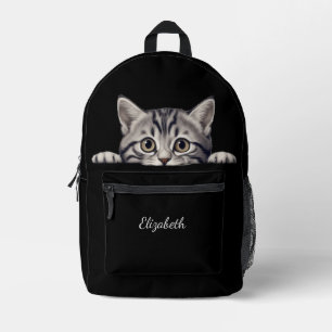 Funny Grey Tabby Cat Peeking Printed Backpack