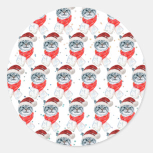 Funny Grey Tabby Cat With Santa Hat Christmas Classic Round Sticker