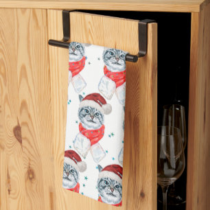 Funny Grey Tabby Cat With Santa Hat Christmas Kitchen Towel
