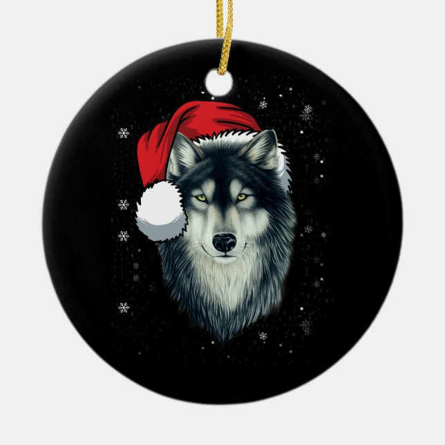 Funny Grey Wolf Christmas Santa Hat Wolves Outfit  Ceramic Ornament (Front)