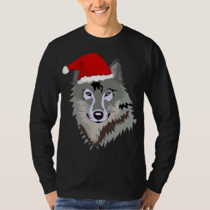 Funny Grey Wolf Christmas Santa Hat Wolves Outfit T-Shirt
