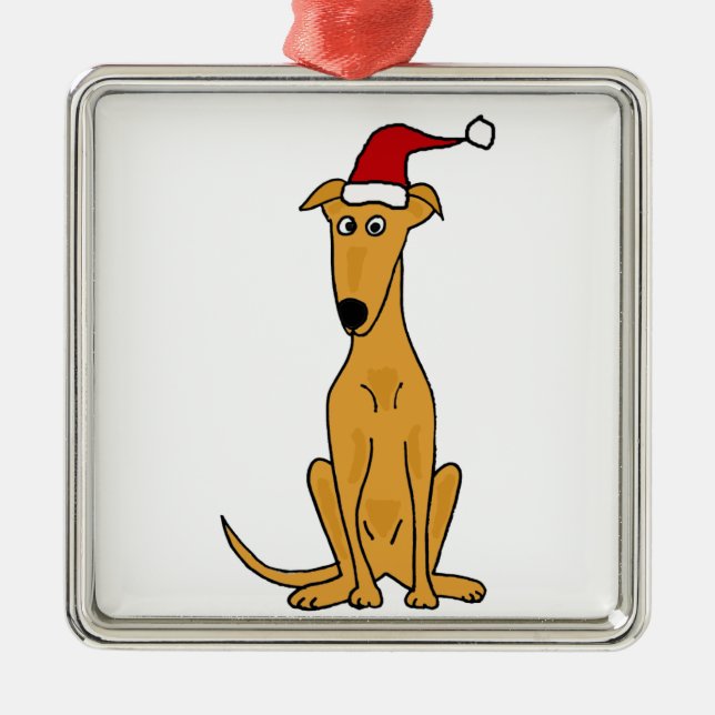Funny Greyhound Dog in Santa Hat Christmas Art Metal Ornament (Front)