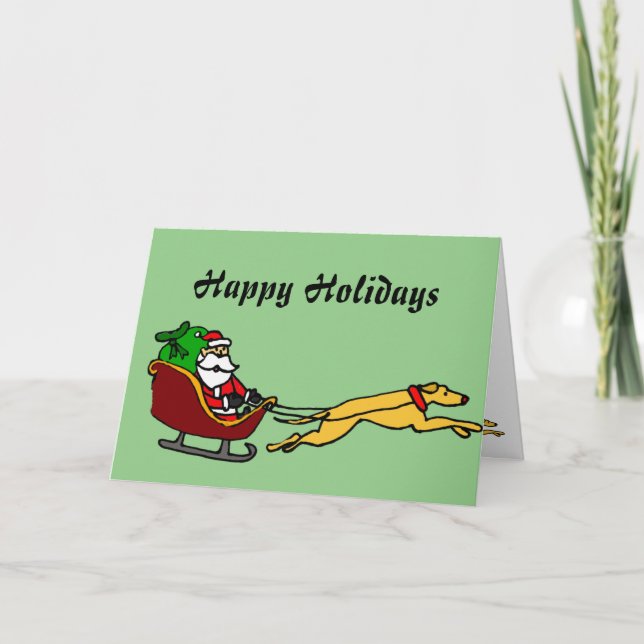 Funny Greyhound Pulling Christmas Sleigh Holiday Card (Front)
