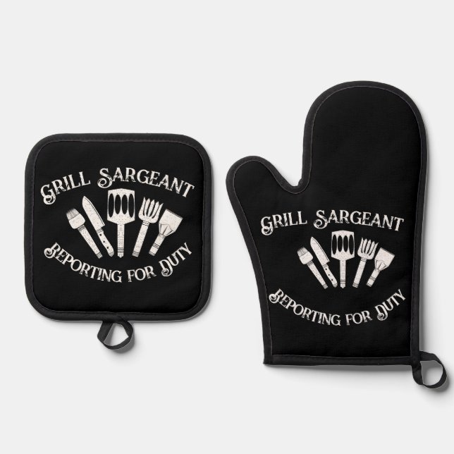 Funny Grilling Gift for Men: Grill Sargeant  Oven Mitt & Pot Holder Set (Front)