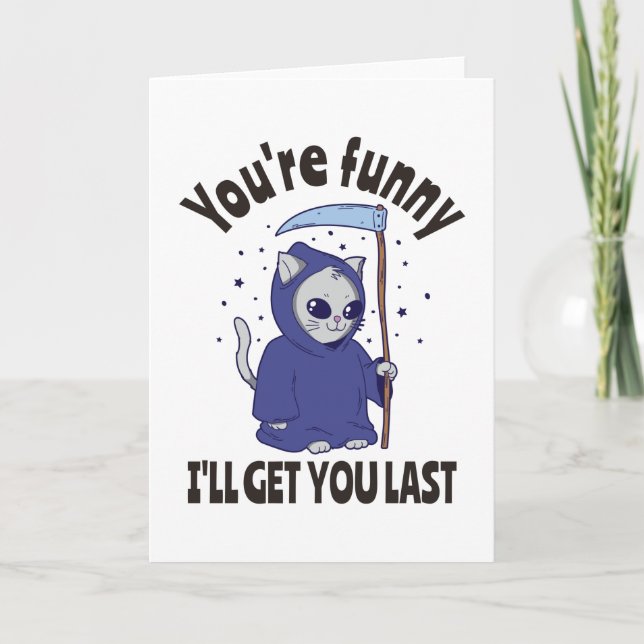 Funny Grim Reaper Cat Halloween Costume Card (Front)