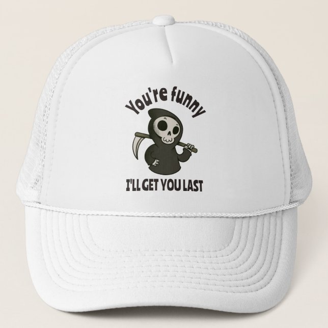 Funny Grim Reaper Skeleton Halloween Costume Trucker Hat (Front)