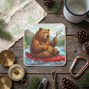 Funny Grizzly Bear in Kayak Cartoon Square Sticker