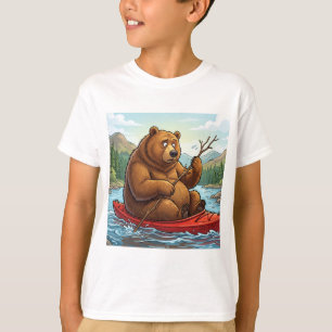 Funny Grizzly Bear in Kayak Cartoon T-Shirt