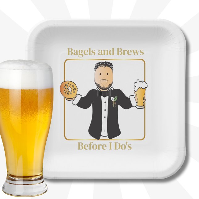 Funny Groom Cartoon Beer Bagel Wedding Brunch  Paper Plate (Creator Uploaded)