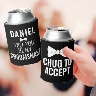 Funny Groomsman Wedding Bro Proposal Black Beer Can Cooler