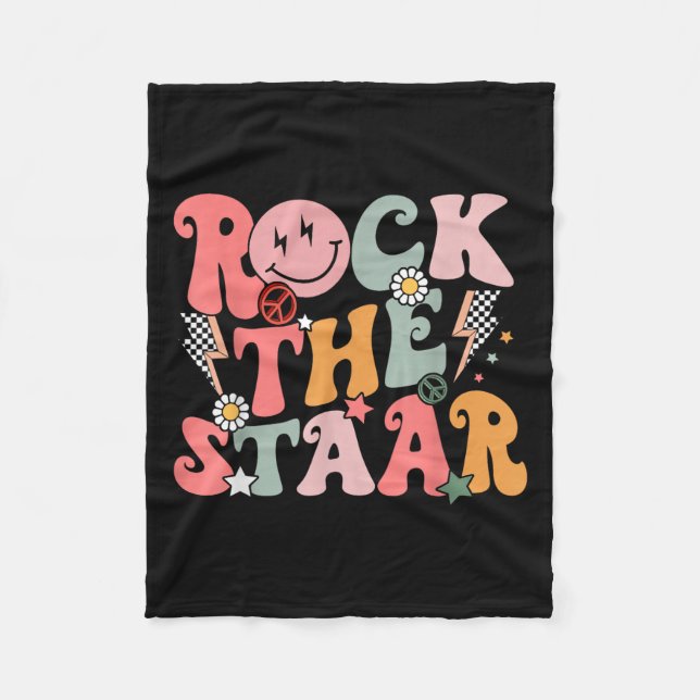 Funny Groovy Testing Day Rock The Staar Motivation Fleece Blanket (Front)