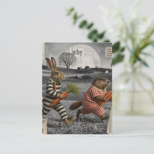 Funny Groundhog and Rabbit Carrot Heist Postcard
