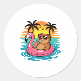 Funny Groundhog Hawaiian Flamingo Float Beach Summ Classic Round Sticker