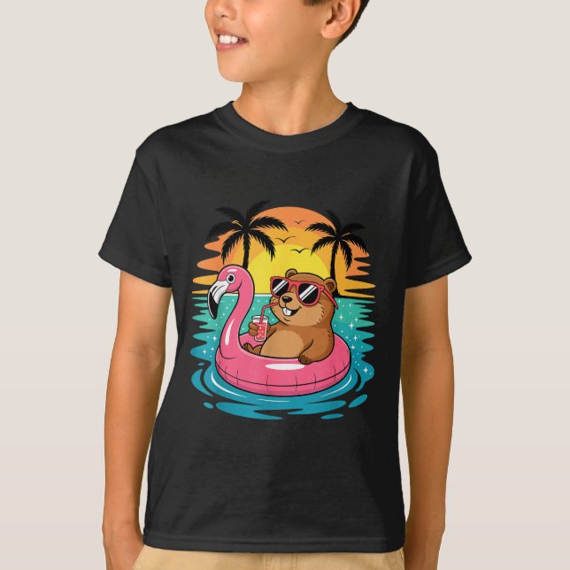 Funny Groundhog Hawaiian Flamingo Float Beach Summ T-Shirt (Front)