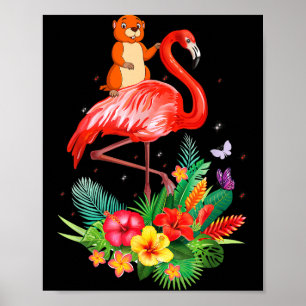 Funny Groundhog Riding Flamingo Flowers Wild Anima Poster