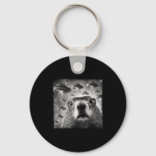 Funny Groundhog Selfie With Alien Ufos Groundhog D Keychain