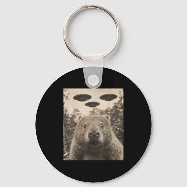 Funny Groundhog Selfie With Ufos Weird Groundhog  Keychain (Front)