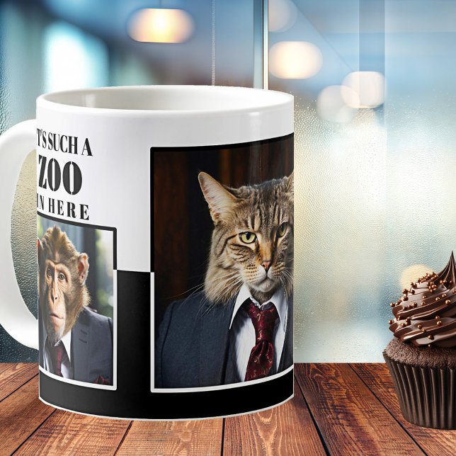 Funny Grumpy Boss Office Coffee Mug (Funny office mug featuring grumpy boss imagery with a cat and other animals - simple black and white)