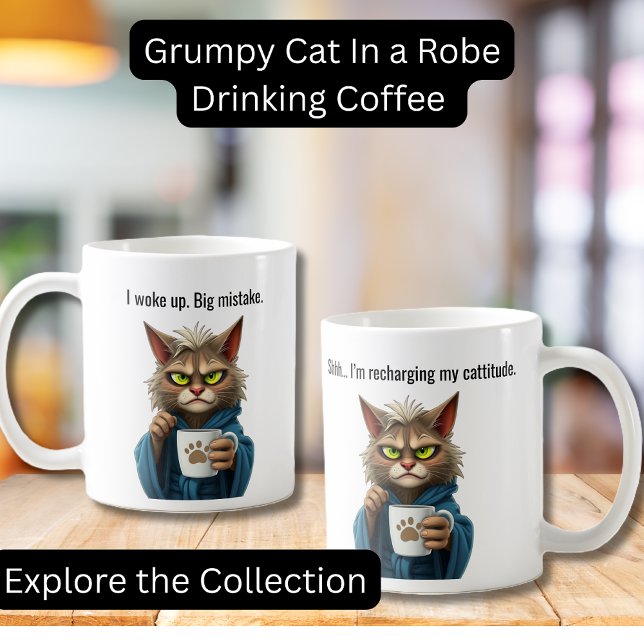 Funny Grumpy Cat in a Robe and Coffee Cat Coffee Mug (Funny Grumpy Cat in a Robe with Coffee.  Perfect gifts, Cat lovers, Coffee Lovers)