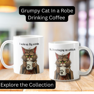 Funny Grumpy cat in a Robe and Coffee Cat Mug