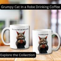 Funny Grumpy cat in a Robe and Coffee