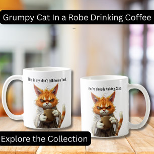 Funny Grumpy cat in a Robe and Coffee Orange Cat Mug