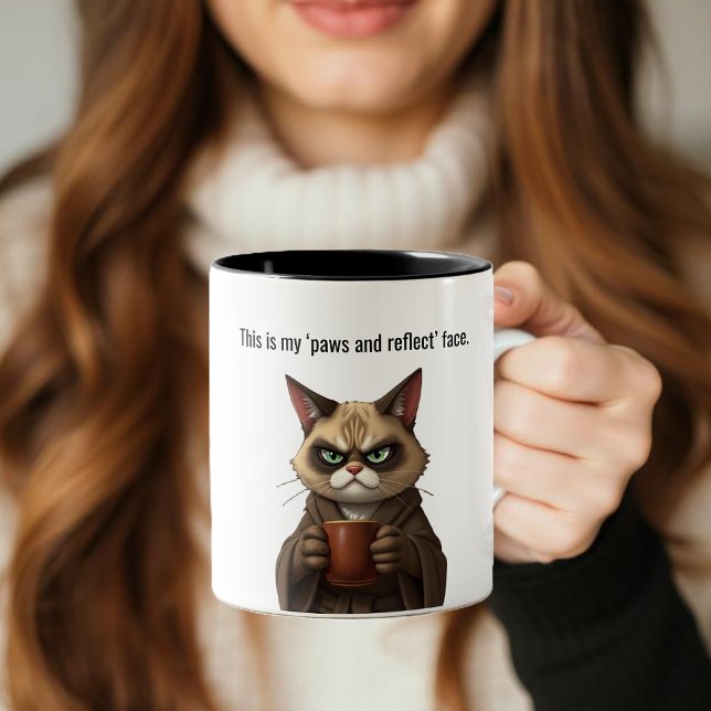Funny Grumpy cat in a Robe and Coffee Two-Tone Coffee Mug (Funny Cat Mug-Grumpy cat-Cat in a Robe and Coffee-Brown Cat Coffee Mug )
