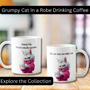 Funny Grumpy cat in a Robe and Coffee White Cat Coffee Mug