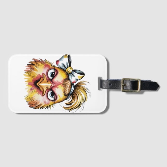Funny Grumpy Chicken Blue Bow Luggage Tag (Front Horizontal)