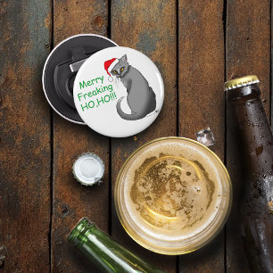 Funny Grumpy Christmas Grey Cat Holiday Humour Bottle Opener