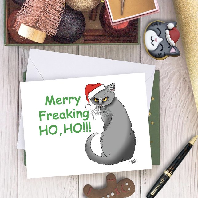 Funny Grumpy Christmas Grey Cat Holiday Humour Card (Creator Uploaded)