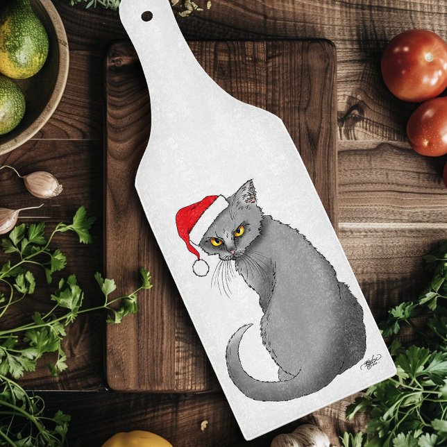 Funny Grumpy Christmas Grey Cat Holiday Humour Cutting Board (Creator Uploaded)