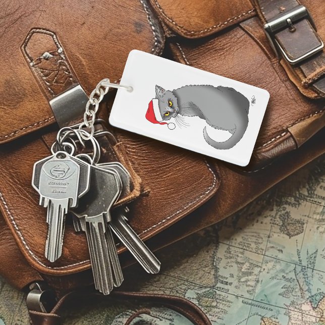 Funny Grumpy Christmas Grey Cat Holiday Humour Keychain (Creator Uploaded)