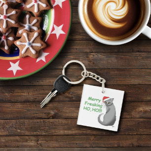 Funny Grumpy Christmas Grey Cat Holiday Humour Keychain