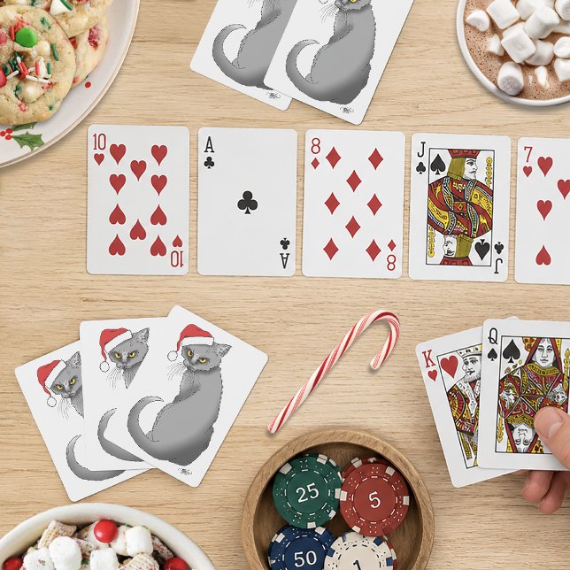 Funny Grumpy Christmas Grey Cat Holiday Humour Playing Cards (Creator Uploaded)