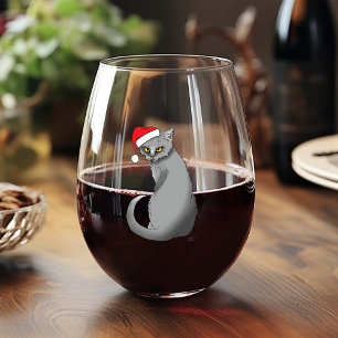 Funny Grumpy Christmas Grey Cat Holiday Humour Stemless Wine Glass
