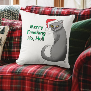 Funny Grumpy Christmas Grey Cat Holiday Humour Throw Pillow
