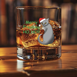 Funny Grumpy Christmas Grey Cat Holiday Humour Whiskey Glass