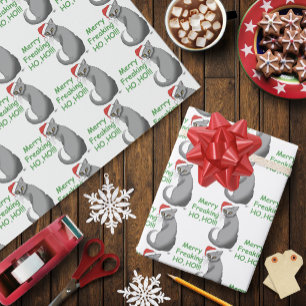 Funny Grumpy Christmas Grey Cat Holiday Humour Wrapping Paper
